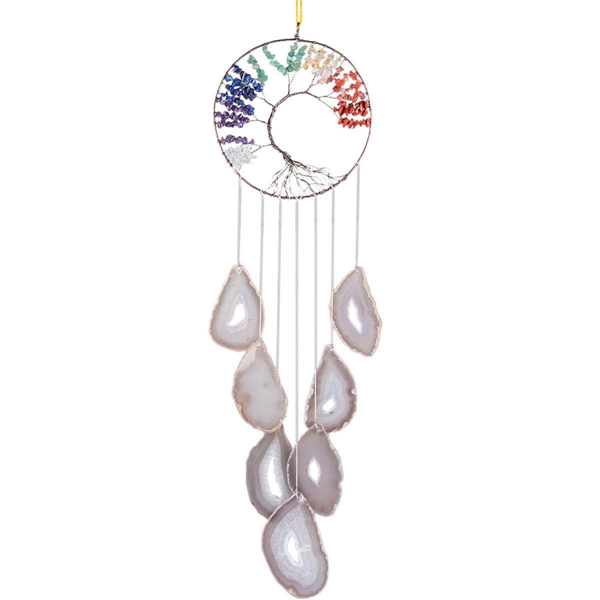 Nupuyai Tree of Life Agate Slices Wind Chimes, 7 Chakra Healing Crystal Hanging Ornament Wall Art Home Window Decor Nature