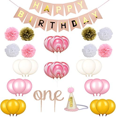 1st First Birthday Girl Decorations - Pink Bday Party Supplies Set Including Happy Birthday Banner,One Cake Topper,1st Birthday Cone Hat,24 Pcs Balloons,8 Pcs Tissue Paper Pom Poms (Set of 35)
