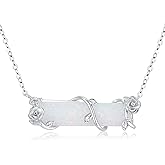 Bar Necklace for Women,S925 Sterling Silver White Opal Bar Necklace with Leaf Charm Bar Pendant Jewelry Gift for Mom Daughter Wife