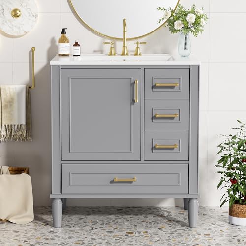 Merax 30" Bathroom Vanity with Ceramic Sink, 3 Drawers, Soft Close Doors and Lo…