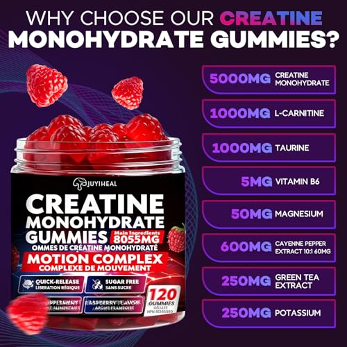 JUYIHEAL 8-in-1 Creatine Monohydrate Gummies, 8055 mg Creatine Complex Gummies for Enhanced Muscle Growth, Energy Boost - with L-Taurine, B6, Sugar Free Creatine Supplement, 120 Count, Vegan, Raspberry Flavor