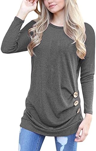 Flywm Women's Casual Long Sleeve Crew Neck Button Decor T Shirt Tunic Top Loose Blouse (L, Dark Gray)