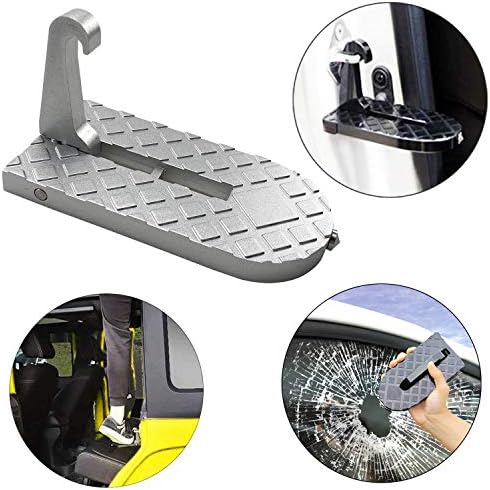 MOEBULB Car Doorstep Foot Pegs Folding Ladder Door Step Foot Pedal with Safety Hammer Vehicle Hooked on U Shaped Slam Latch Step Rails for Easy Access to Rooftop of Jeep/SUV/Truck (Silver)