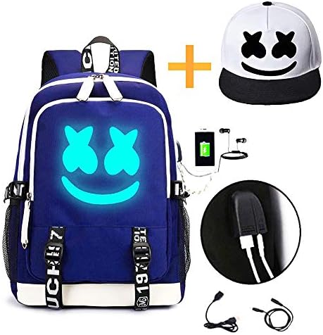 Marshmallo Backpack Luminous with USB Charge Port, Travel Backpack Blue and Cap