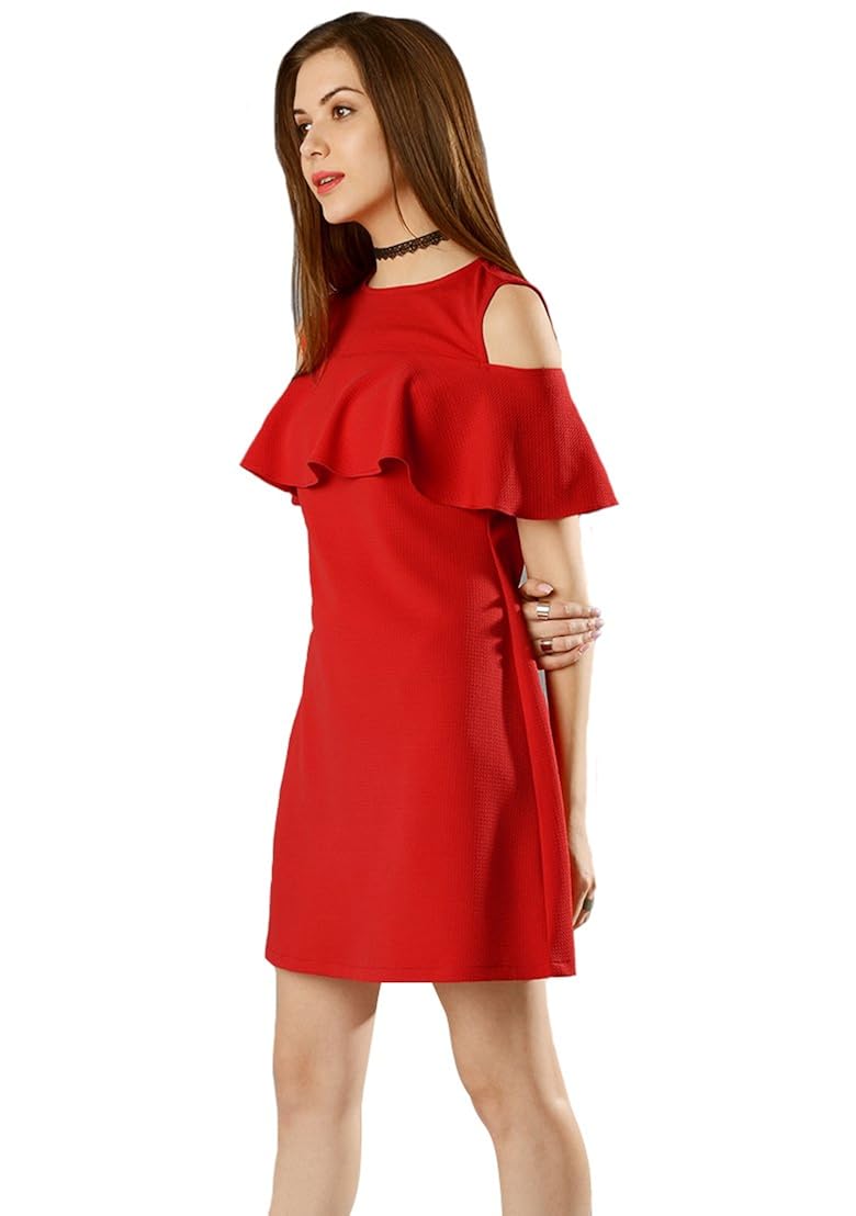 aashish garments women's red cold shoulder ruffle dress
