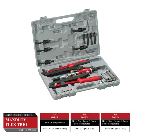 AVAK MaxDuty Flex TRIO - 3-in-1 Heavy Duty Flexible Handle Fastening Tool for 1/4" Rivet, 1/2" Blind Rivet Nut and 5/16" Rivet Stud. (Standards UNC)