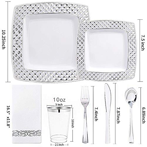 I00000 175PCS Silver Plastic Square Plates with Disposable Silverware