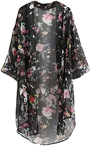 BOSSAND Women's Sheer Chiffon Blouse Loose Tops Kimono Floral Print Cardigan (Small, N 14)