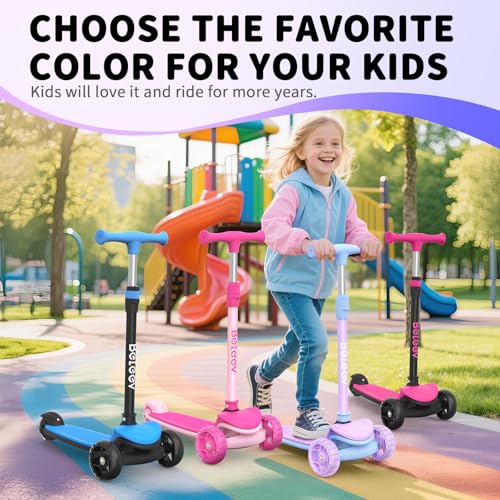 BELEEV A8 Children’s Scooter, 3 to 12 Years Old, Kids’ Folding Scooter with 3 Wheels and LED Lights, 4 Adjustable Heights, Non-Slip Bridge, Scooter for Children and Girls, Childhood Gift