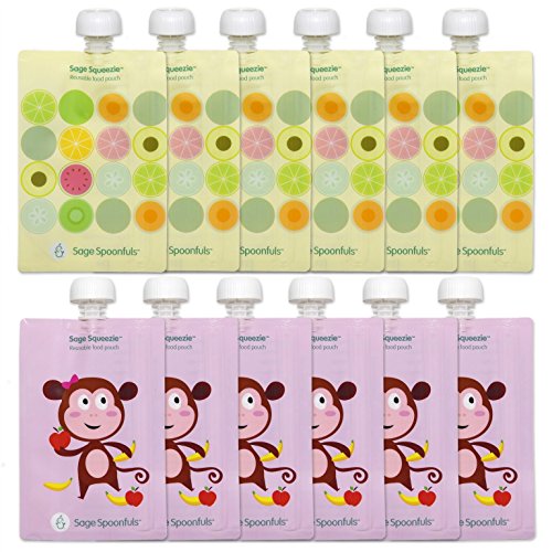 Sage Spoonfuls Squeezie 12 Piece Reusable Food Pouch, Monkey/Fruit Dots