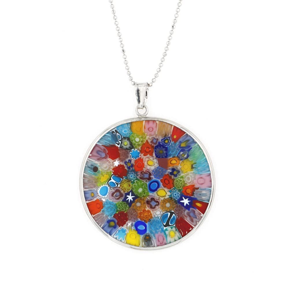 Venetiaurum - Necklace for Woman with 26mm Murrina Pendant in Original Murano Glass and 925 Sterling Silver - Made in Italy Certified Jewel