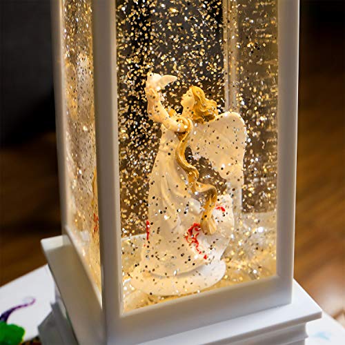 QTKJ USB and Battery Operated Cute Angel Night Lamp Spinning Water Lantern Snow Globe Lantern for Desk, Room Decoration Gifts (White)