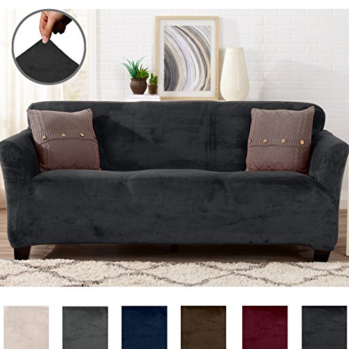 Great Bay Home Modern Velvet Plush Strapless Slipcover. Form Fit Stretch, Stylish Furniture Cover/Protector. Gale Collection by Brand. (Sofa, Dark Grey)