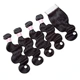 Brazilian Virgin Hair Bundles With Closure 4Bundles Body Wave Human Hair Bundles With Closure 8A Unprocessed Hair Extensions (14 16 18 20+ 14” Closure)