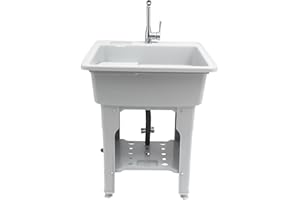 OIVEINYA Plastic Laundry Room Sink,Freestanding Laundry Utility Sink Tubs with Hot Cold Faucet and Washboard,Large Utility Sink Laundry Tub for Laundry Bathrooms Courtyards Gardens (25.59x21.65x31.5 Inch-Gray)
