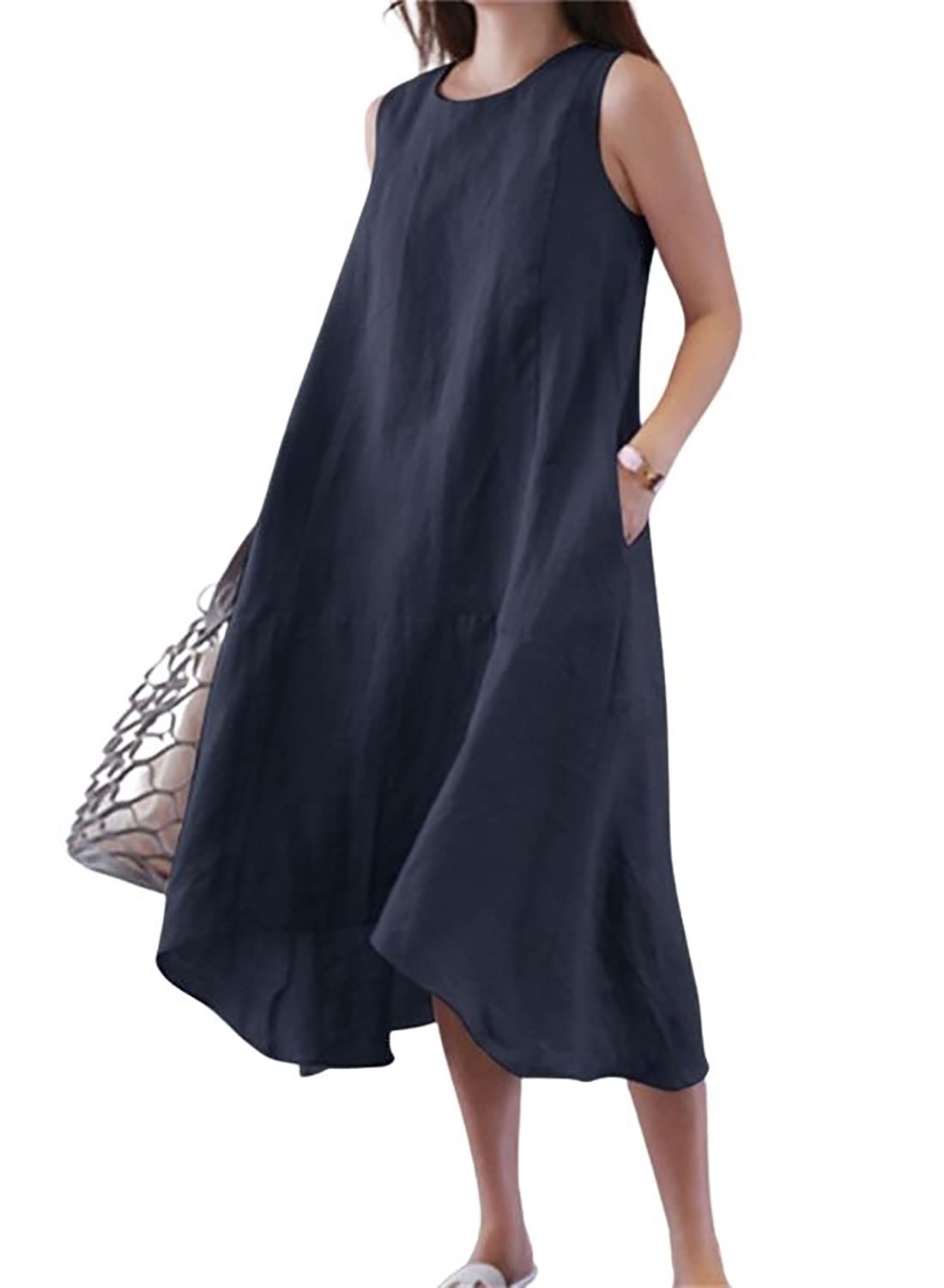 Photo 1 of yoeasy Women Cotton Linen Crew Neck Sleeveless High Low Tank Long Dress Summer Casual Flowy Maxi Dresses (XX-Large, Navy)