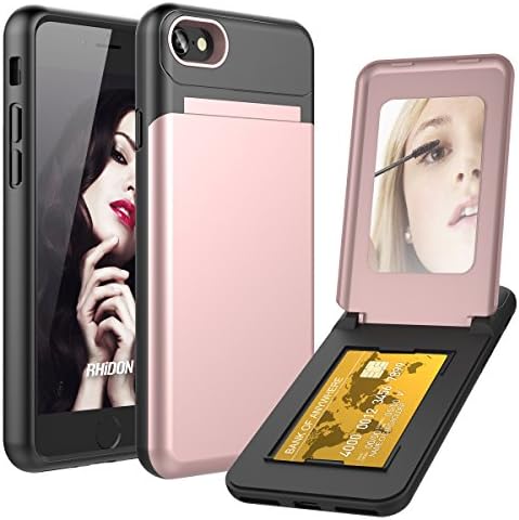 iPhone 8 Case, iPhone 7 Case, Rhidon Hidden Back Mirror Wallet Case with Crad Holder Feature Shockproof Protective Cover for Apple iPhone 7 / 8 (Rose Gold)
