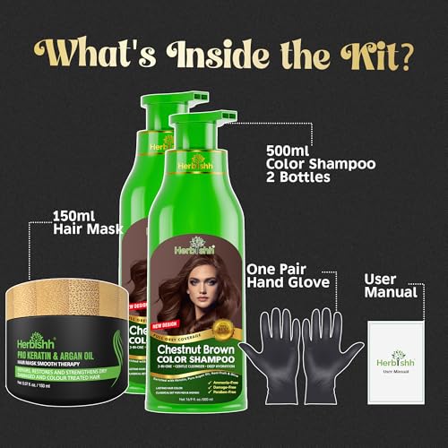 Herbishh 2 Pcs Chestnut Brown Hair Color Shampoo+ 1Argan Hair Mask Permanent Color Shampoo For Men And Women Long Lasting Easy To Apply
