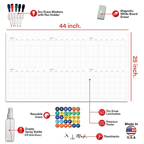 Large Dry Erase Wall Calendar - 44" x 25" - 2018 Jumbo 6 Month Task Organizer - Giant Erasable Oversized Planner for Home Office Business Class Room Dorm - Annual Quarter Yearly Undated Project Plan