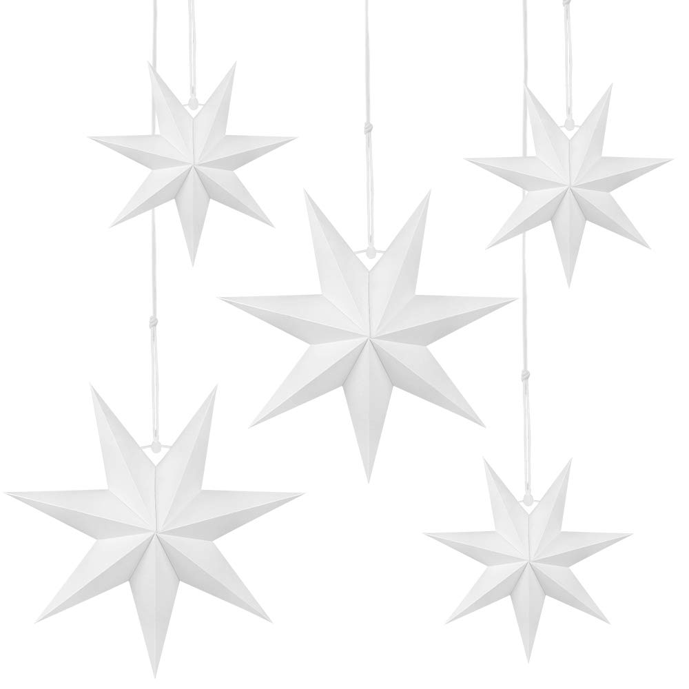 Christmas Hanging Star Decoration, 5 Pcs Hanging White Stars, 7 Points White Paper Star, 3 Pieces Diameter 25 cm, 2 Pieces Diameter 40 cm for Wedding Christmas Party DIY