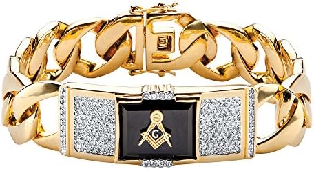 Men's Genuine Black Onyx and CZ 14k Gold-Plated Masonic Curb-Link Bracelet 8"