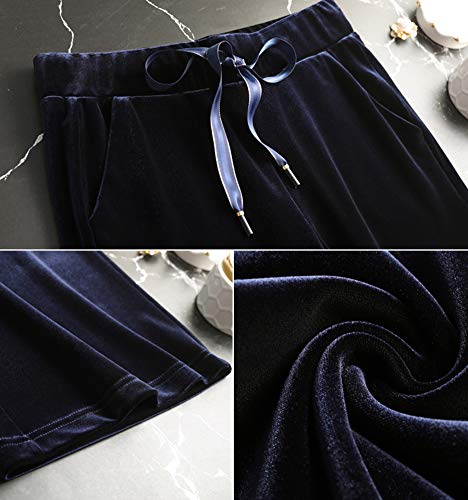 Kedera Women's Corduroy Velvet Pants Comfy Pull on Elastic Waist Trousers Drawstring Pants Dark Blue