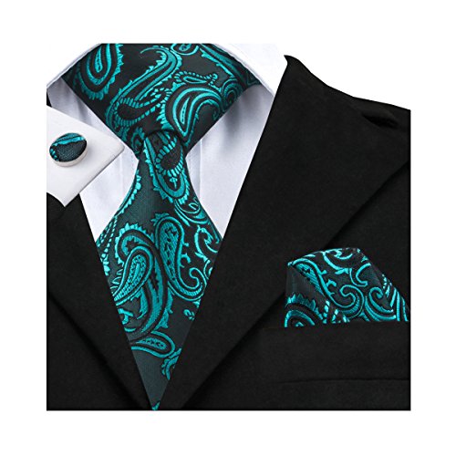 Hi-Tie Mens Teal Paisley Tie Woven Silk Necktie Pocket Square Cufflinks set