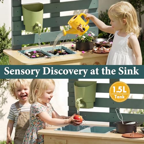 Lehoo Castle Wooden Outdoor Mud Kitchen for Children, Play Kitchen with Real Sink Kitchen Accessories, Garden Toy for Cooking, Casting, Sensory Play, Montessori Learning Toy from 3 Years