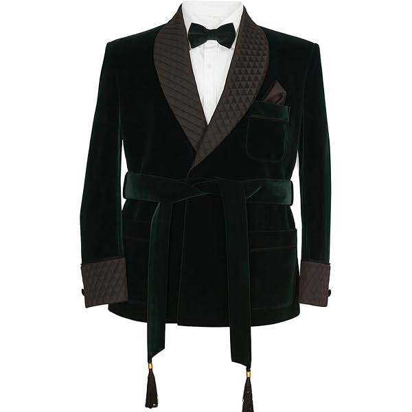 Men's Silky Satin Smoking Jacket (Small, Black Brocade Design) at