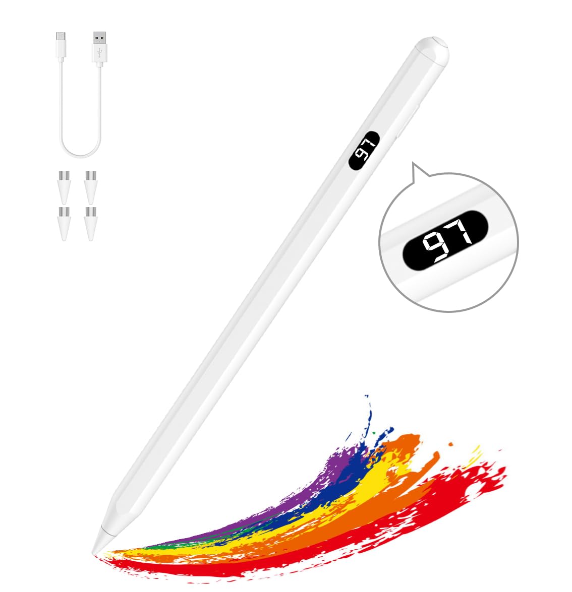 MoKo Stylus Pens for Touch Screens, Fast Charge Stylus Pen for Apple iPad/iPhone/Samsung/Lenovo/iOS/Android Tablets&Smart Phone Universal Stylus Capacitive Screen Pencil with Power Display, White