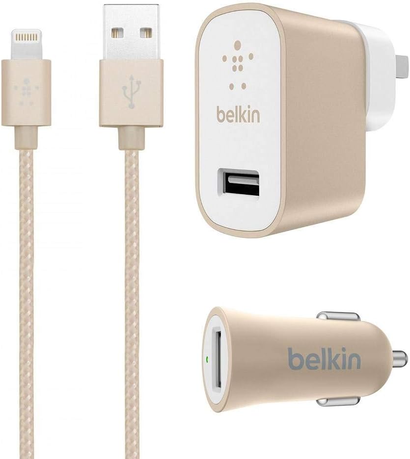 Belkin MIXIT iPhone iPad 12W Home Car Charger Kit 4' Cable Lightning Cable Bundle - Gold
