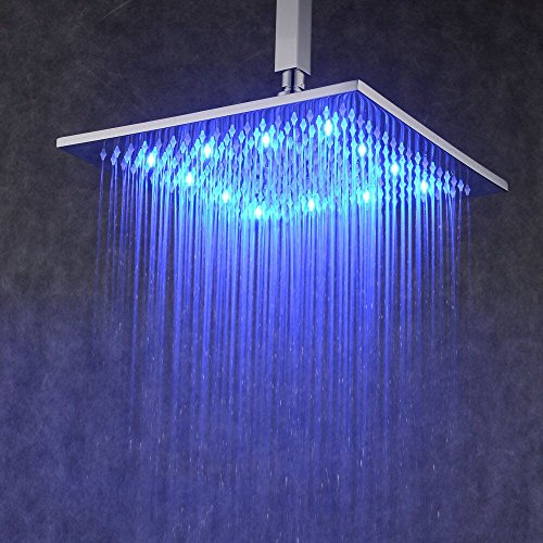 Hiendure Contemporary LED Rectangular 12 Inch Waterfall Rain Shower Solid Brass Shower Head with Faint LED Light Chrome Finish Shower Head Lavatory Plumbing Fixtures Ceramic Valve Bath Shower Faucet