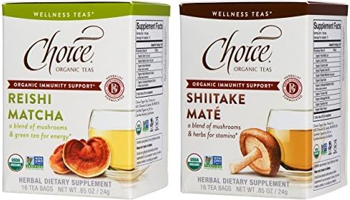 Choice Organic Wellness Tea 2 Flavor Variety Bundle: (1) Reishi Matcha, and (1) Shiitake Mate, 16 Count