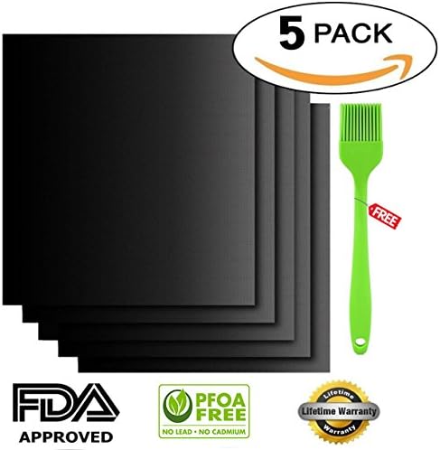 Grill Mat Set of 5 with Basting Brush BBQ Mats Oven liners Baking Mats Non Stick FDA Approved, PFOA Free Reusable and Easy to Clean Works on Gas Charcoal Electric Grill Size 15.8 x 13 Inch(40 x 33 cm)