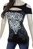 Bling Rhinestone Fleur De Lis Cold Shoulder Peekaboo Short Sleeve New Top