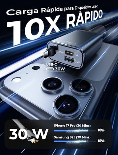 LISEN [Fiat Essentials] Carregador Retrátil Rápido Carro 57W USB Carregador Isqueiro Carregador Simultâneo Rápido Isqueiro Acessórios Automotivos Car Gadgets para iPhone 16 15 Pro Max Samsung Xiaomi