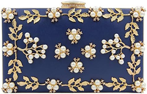 Pearl Beaded Clutches Purses Bags Flower Wedding Evening Handbag (Blue)