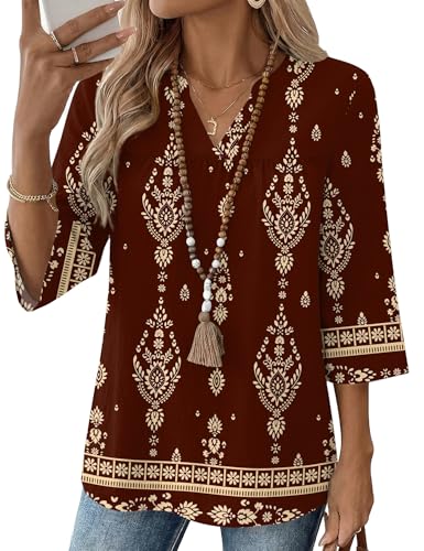 Rapbin Women Beach Fashion Blouses for Women Dressy Casual 3/4 Sleeve Summer Fancy Flowy Hippie Boho Peasant Blouses Loose Fit Tunic Top V Neck Brown Shirt XL at Amazon