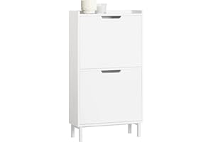 Haotian Slim Shoe Cabinet Entryway, Narrow Shoe Rack with 2 Flip-Drawers, White Shoe Organiazer Hallway, Hidden Shoe Storage Cupboard Entrance, FSR151-W