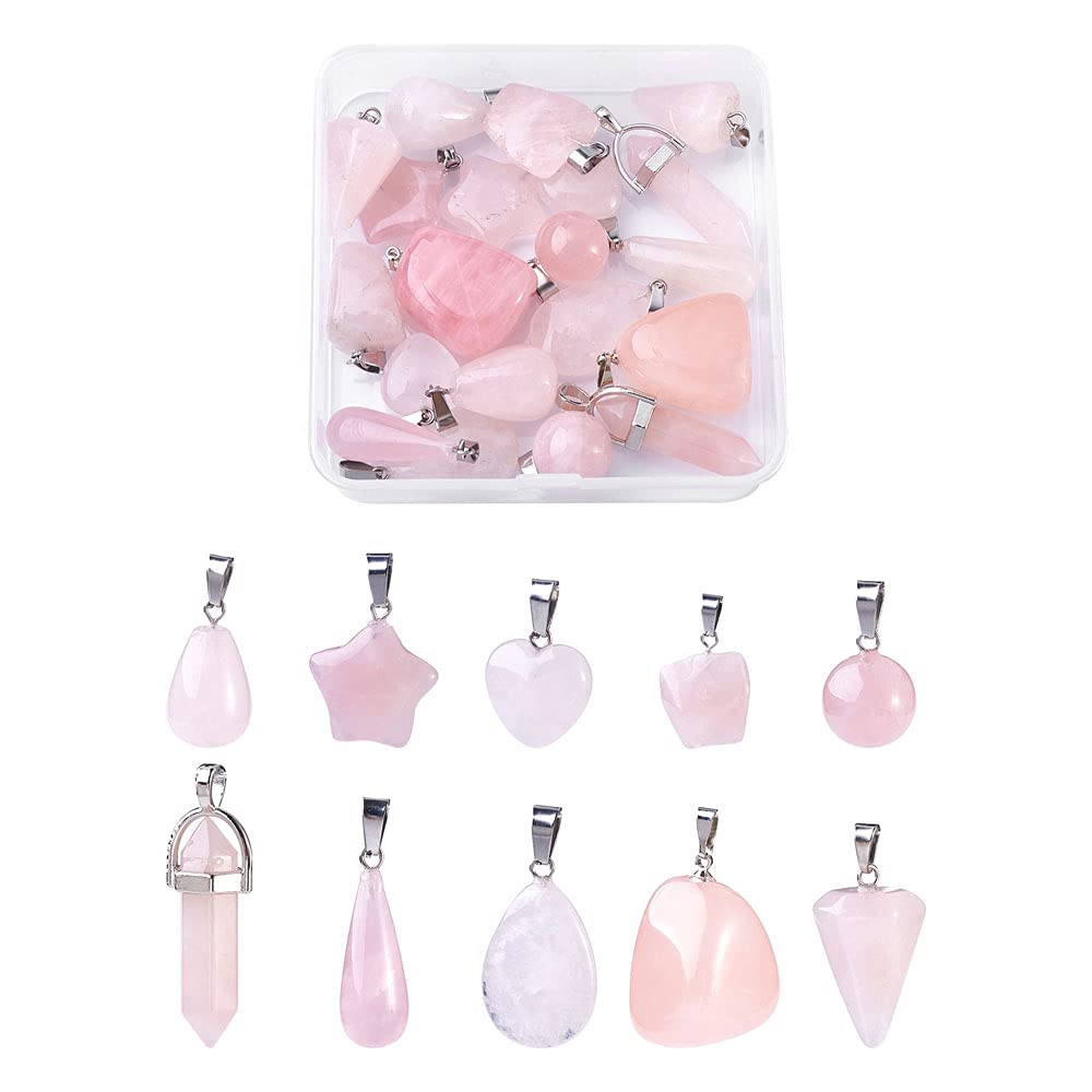 PandaHall 20pcs Natural Rose Quartz Crystal Pendant 10 Styles Pink Healing Chakra Gemstone Charms Pendant with Platinum Tone Brass Findings for Bracelet Necklace Jewelry Making