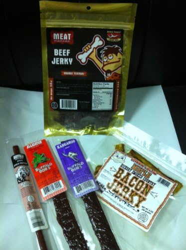 MEAT MANIAC JERKY Sampler Gift Pack- Maple Bacon Jerky, Meat Maniac Orange Teriyaki Beef Jerky &amp; Wild Game Jerky- (3 Sticks- Alligator, Kangaroo &amp; Buffalo)