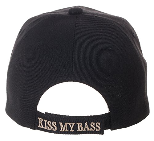 "Kiss My Bass" Hat - Funny Fishing Fisherman Gift -100% Cotton Embroidered Cap (Black)