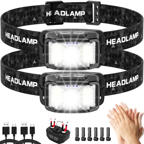 Aaizplz 2 x LED Headlamp, Rechargeable Headlamp, Waterproof, 2000 Lumens, 16 Lighting Modes (Individual Control), with Smart Sensor, for Running, Hiking