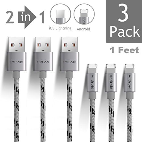 POFAN Nylon Braided Universal USB to Lightning + Micro USB Cable for both Apple and Android Phones (2-in-1 integrated interface) (Silver 1ft - 3P)
