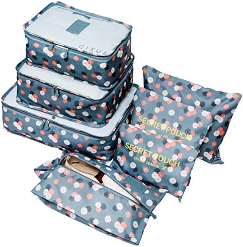 7 Set Travel Storage Bags Multi-functional Clothing Sorting Packages,Travel Packing Pouches, Luggage Organizer Pouch Waterproof (blue daisy)