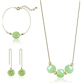 Ezindraw 3 PCS Jade Jewelry Set for Women, Green Jade Beads Pendant Necklace, Green Donuts Drop Earrings, Ring Charm Bracelet, Gift for Mom, Wife