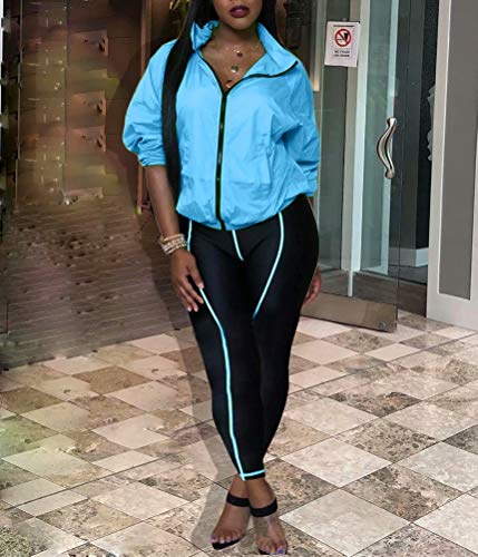 Women's Clubwear Two Piece Outfits Zipper Jacket Top and Jogger Pants Set Tracksuit Activewear Suits Blue L