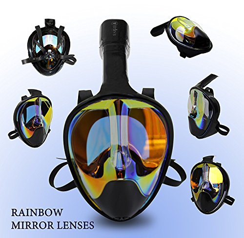 Full Face Mask For Snorkeling- Easy Breath- 180⁰ Panoramic Seaview- Rainbow Mirror Lenses HD- Design Scuba Mask- Anti-Leak & Anti-Fog- Adjustable Silicone Straps (Black, L/XL)