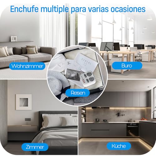 Thief Flat Sockets, 10 in 1, Multiple Plug with 6 USB, 2 Schuko and 2 EU Plugs, Wall Sockets, Double Plug 3500W, Thief USB C Plugs for Mobile, Family, Office, Kitchen, Grey White