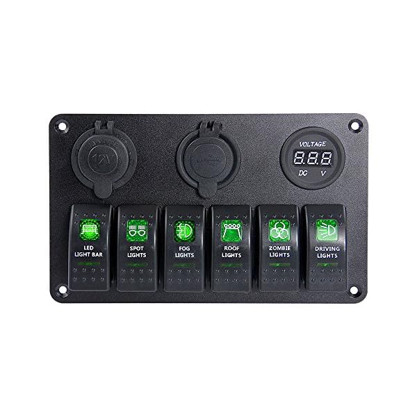 Proelectric-Green-LED-Light-1-Waterproof-MarineBoat-Car-Switch-Panel-6-Gang-USB-Charger-Voltage-Indicator-Power-Socket-5-pin-On-Off-Rocker-Switch